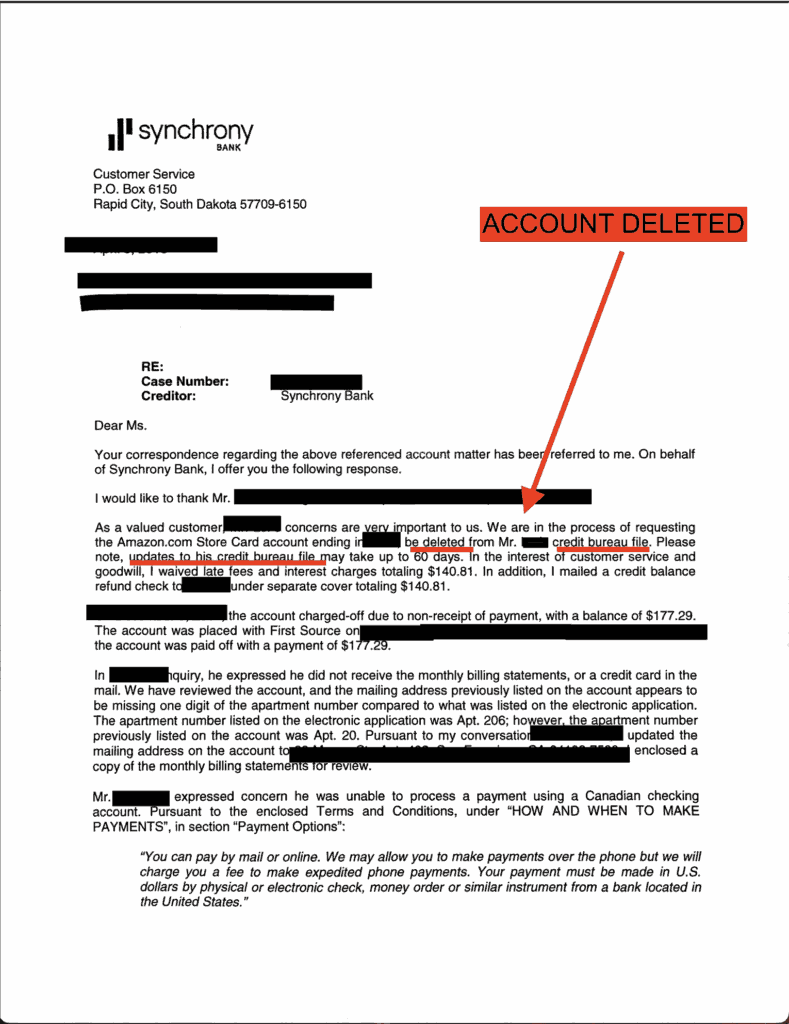 Charge-off deletion letter from credit card company